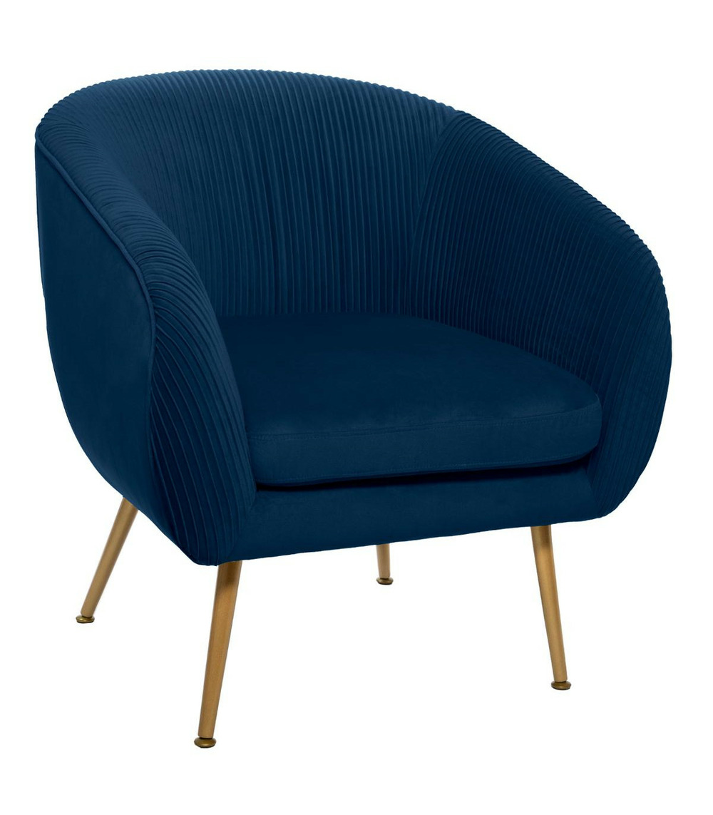 Fauteuil en velours bleu plissé et pieds en métal doré