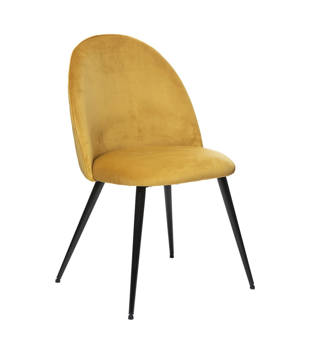 Chaise de table en velours jaune ocre et pieds en métal noir