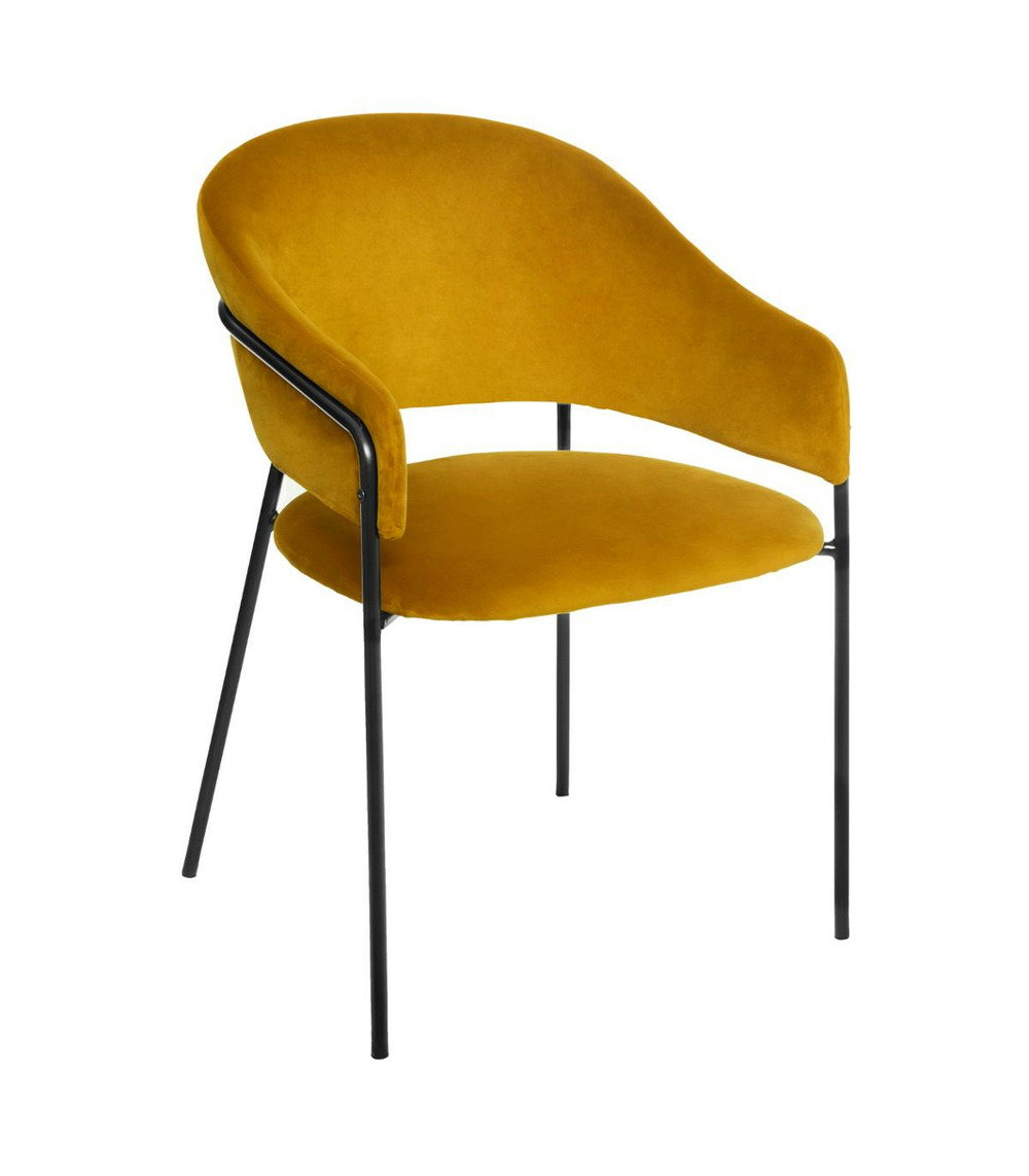 Chaise fauteuil de table en velours moutarde et pieds en métal noir