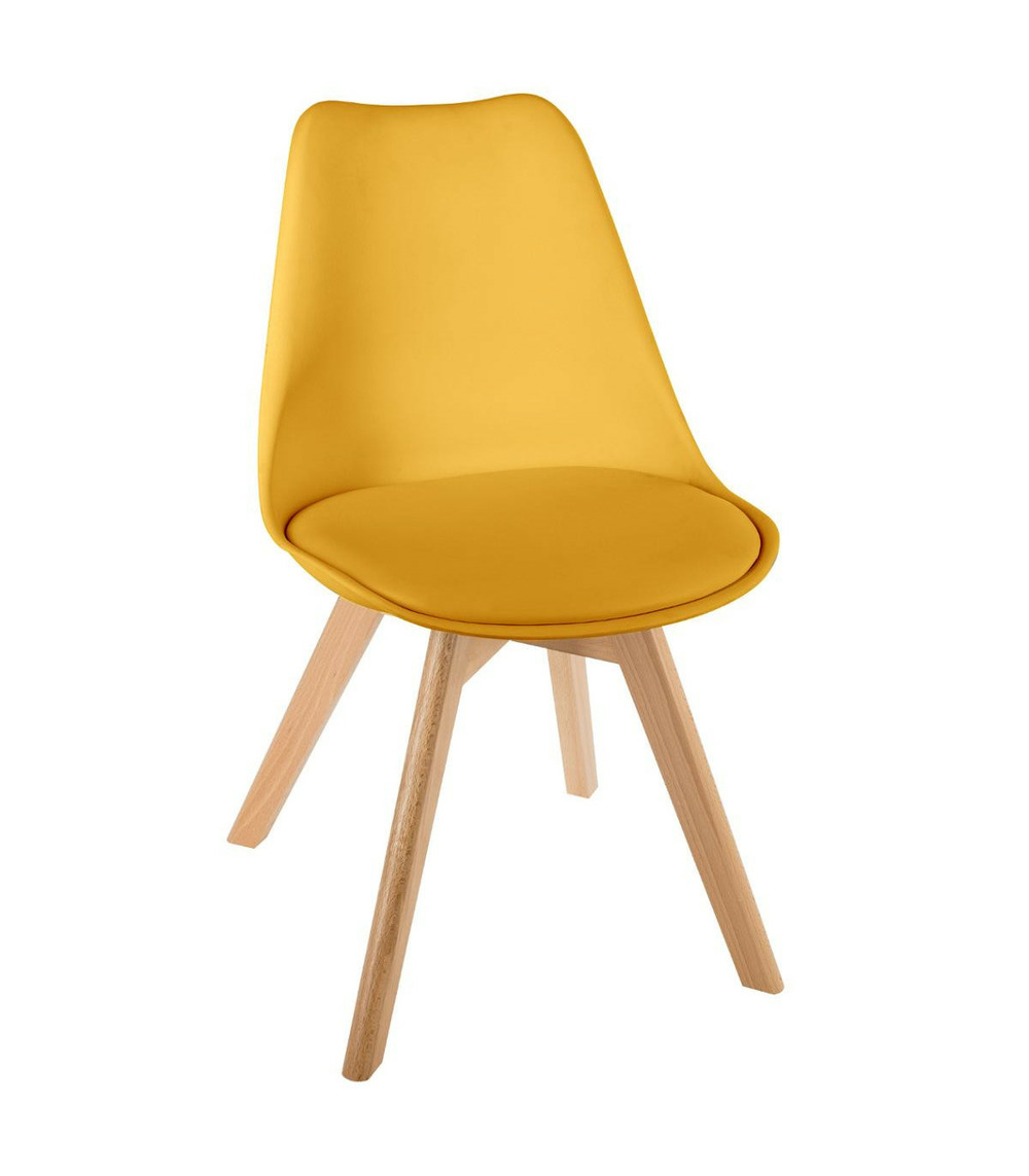 Chaise de table assise jaune et pieds en bois de hêtre