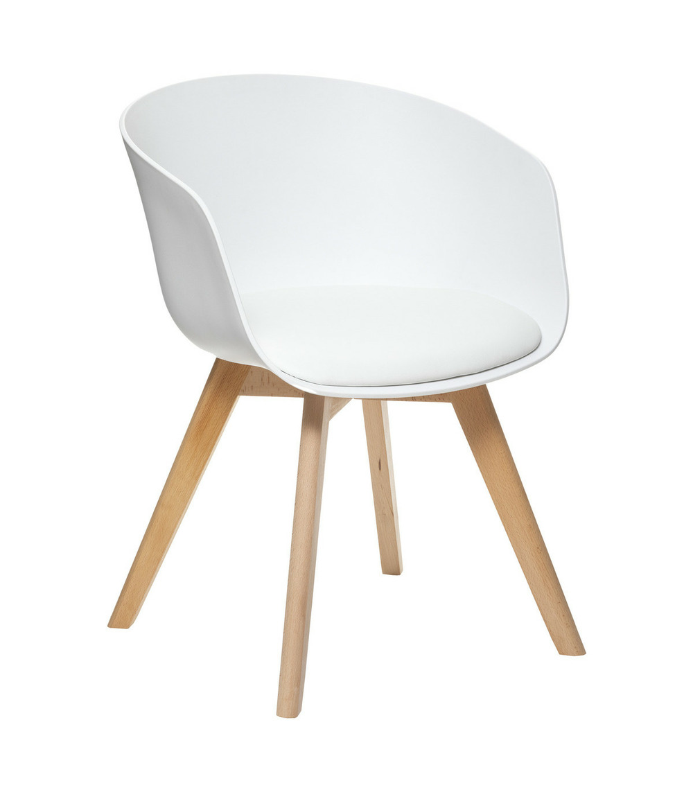 Chaise fauteuil de table assise blanche et pieds en bois h 75 cm