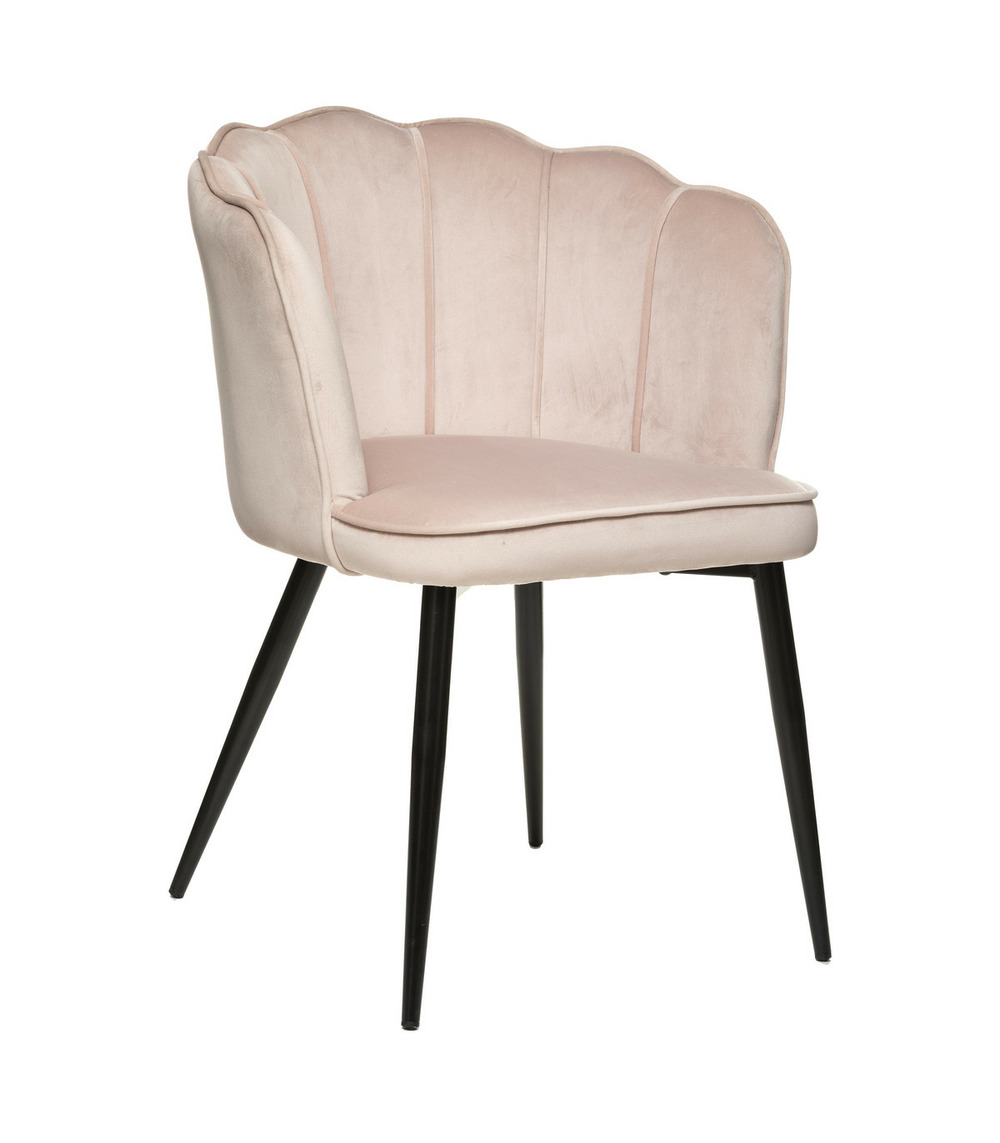 Chaise fauteuil de table en velours rose pétale et pieds en métal