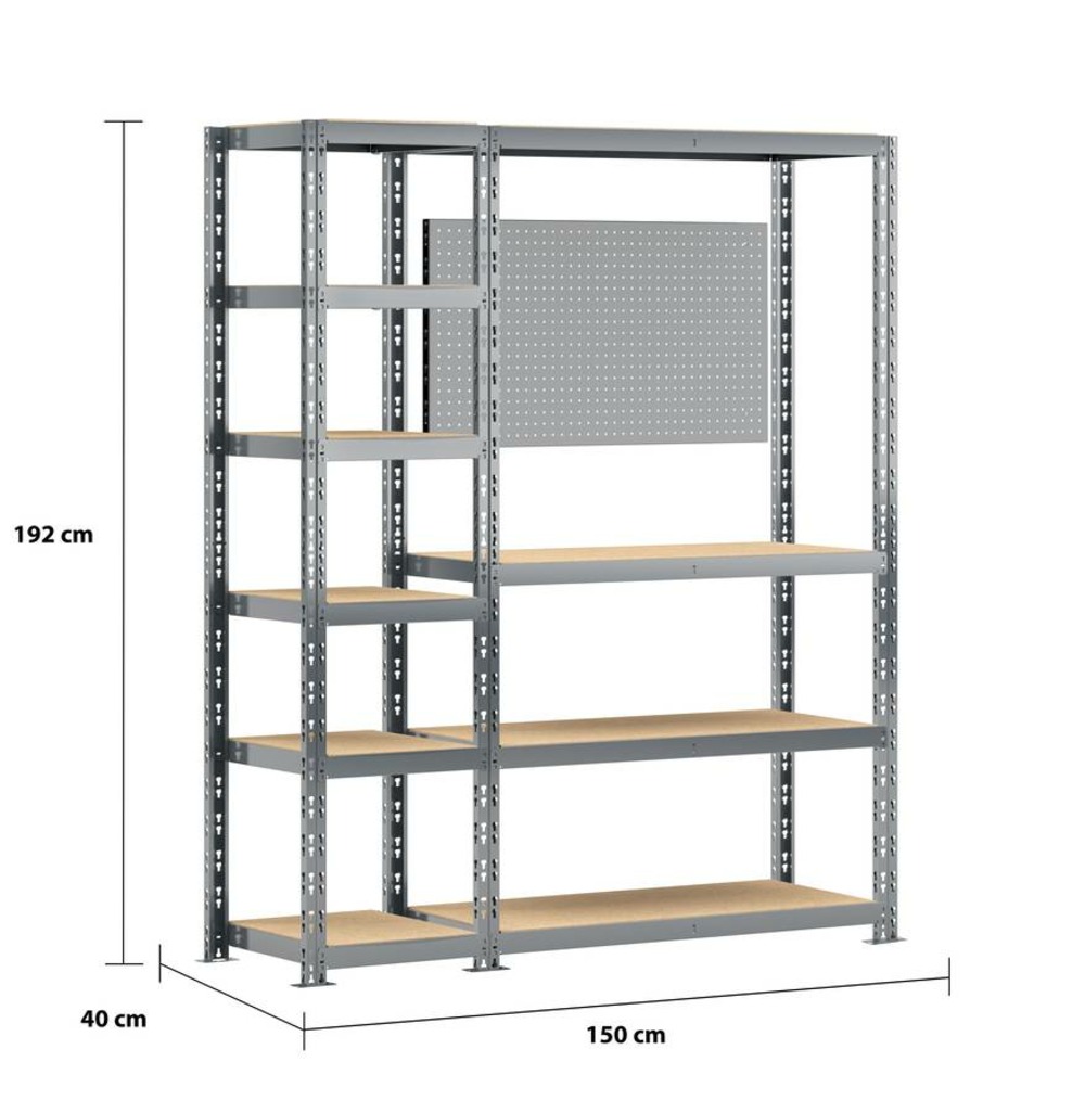 Concept rangement de garage + établi - longueur 150 cm - 10 plateaux
