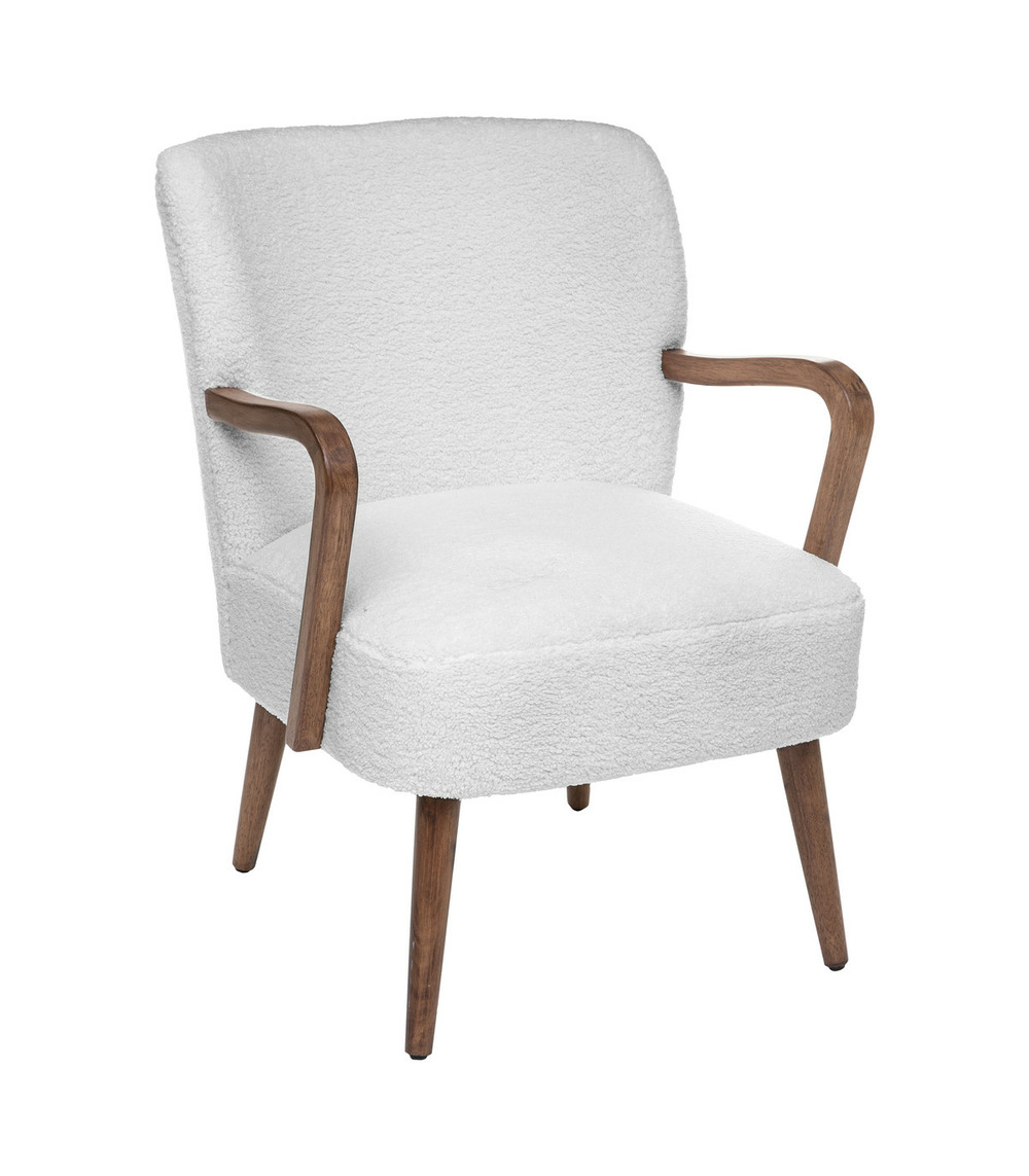 Fauteuil à accoudoirs en bois et tissu blanc à bouclettes