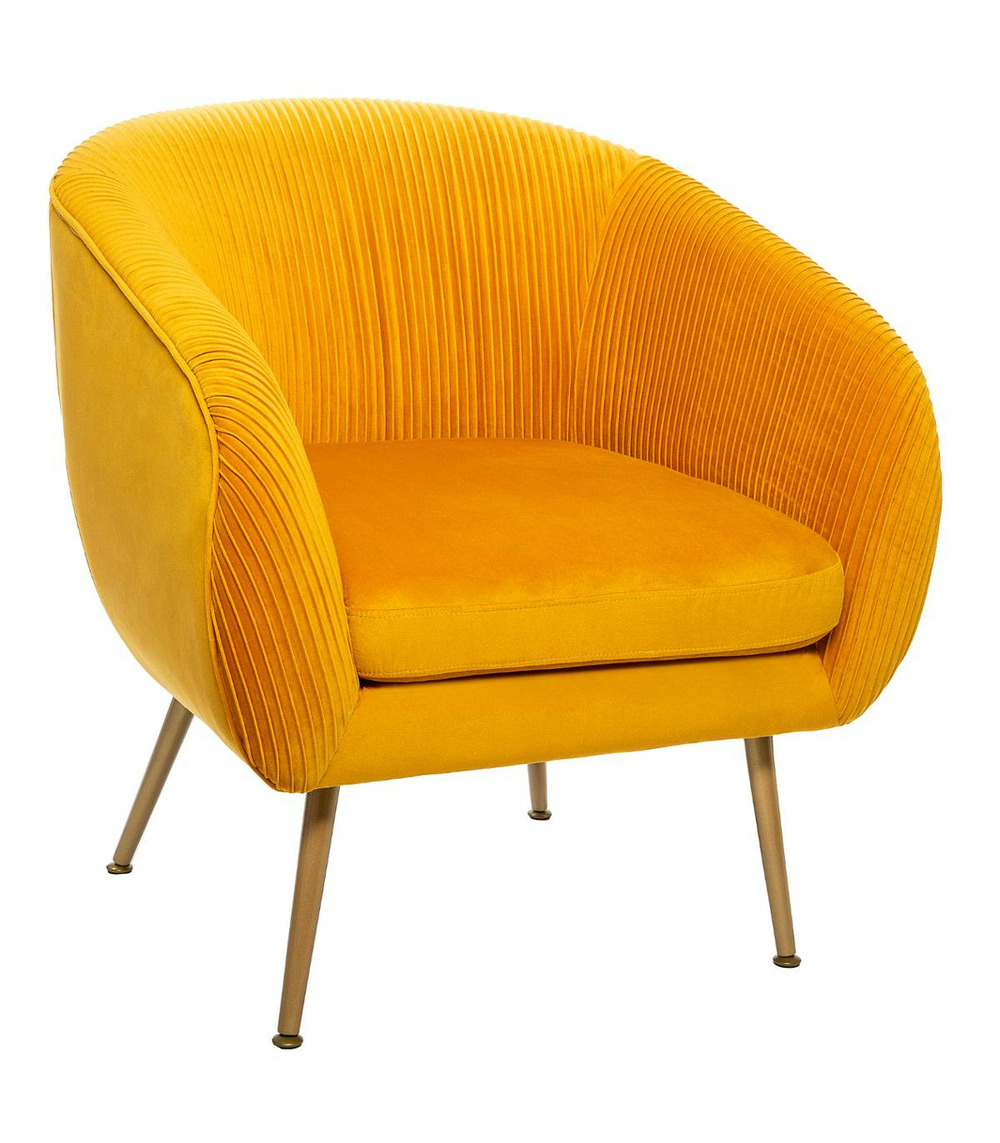 Fauteuil en velours moutarde plissé et pieds en métal doré