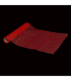 Chemin de table tulle rouge pailleté argent effet holographique 28 x 500 cm