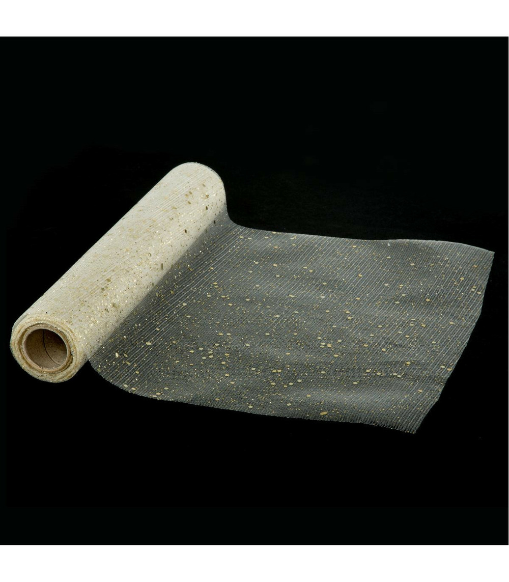 Chemin de table tulle or pailleté effet holographique 28 x 500 cm