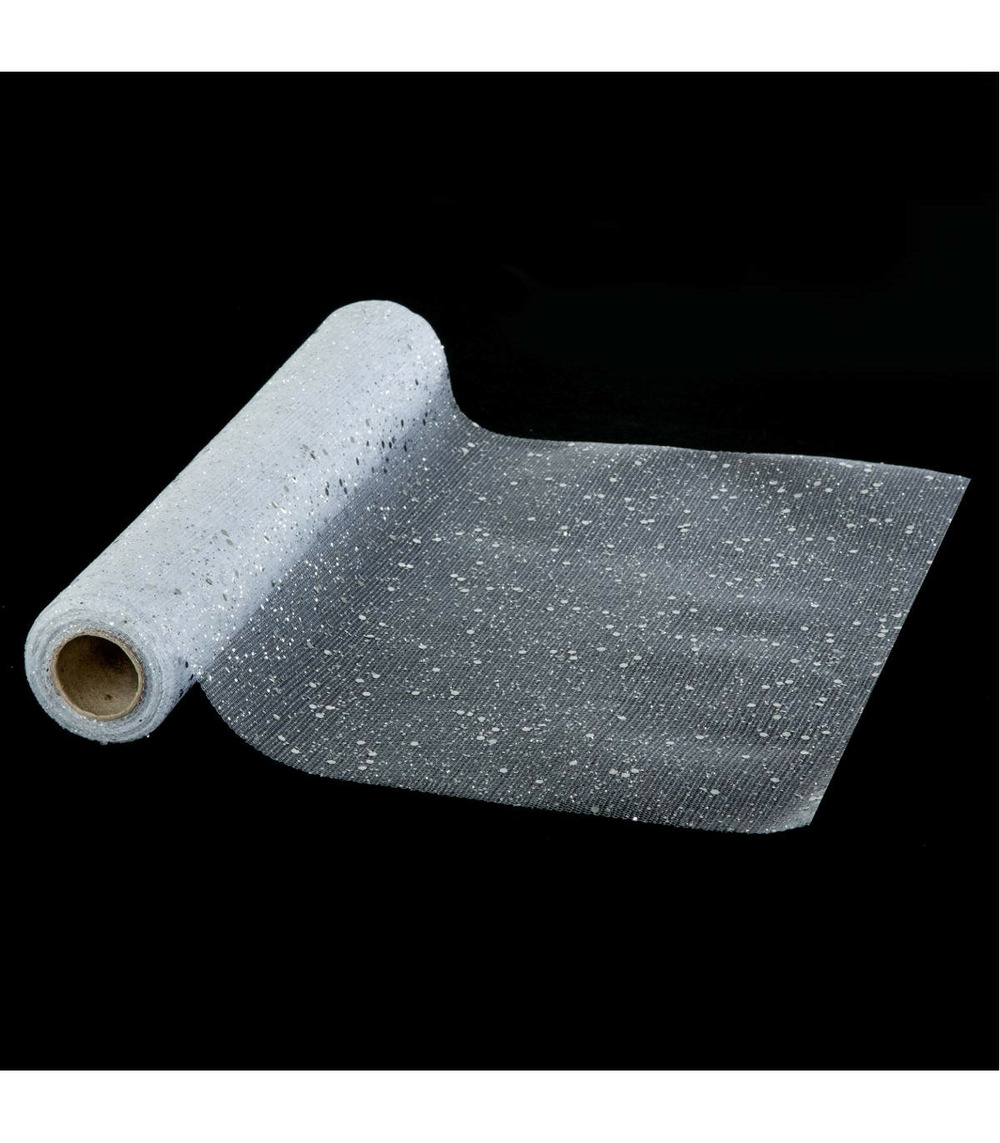 Chemin de table tulle argent pailleté effet holographique 28 x 500 cm