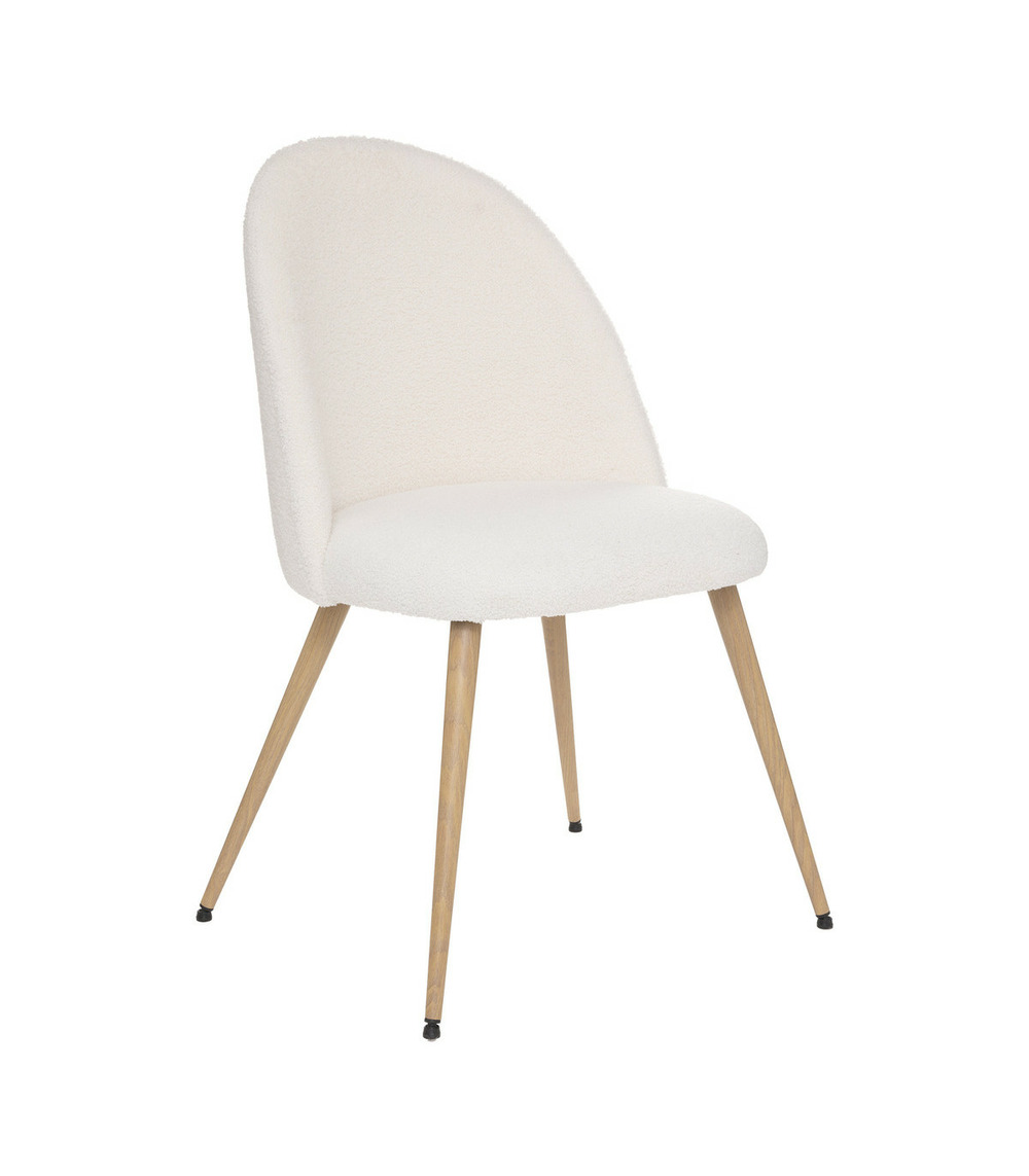 Chaise de table tissu blanc à bouclettes et pieds en métal aspect bois