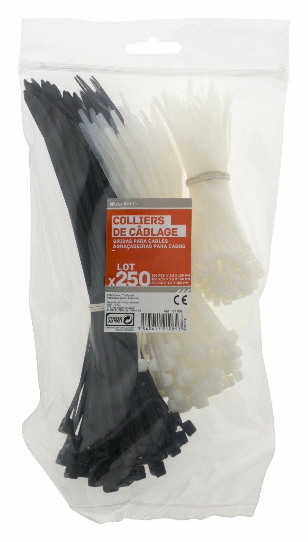 Lot de 250 colliers, diam.25 à 50 mm, l.100, 140 ou 180mm mm