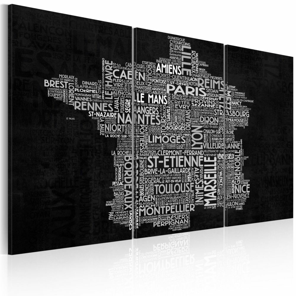 Tableau - text map of france on the black background - triptych 90x60 cm
