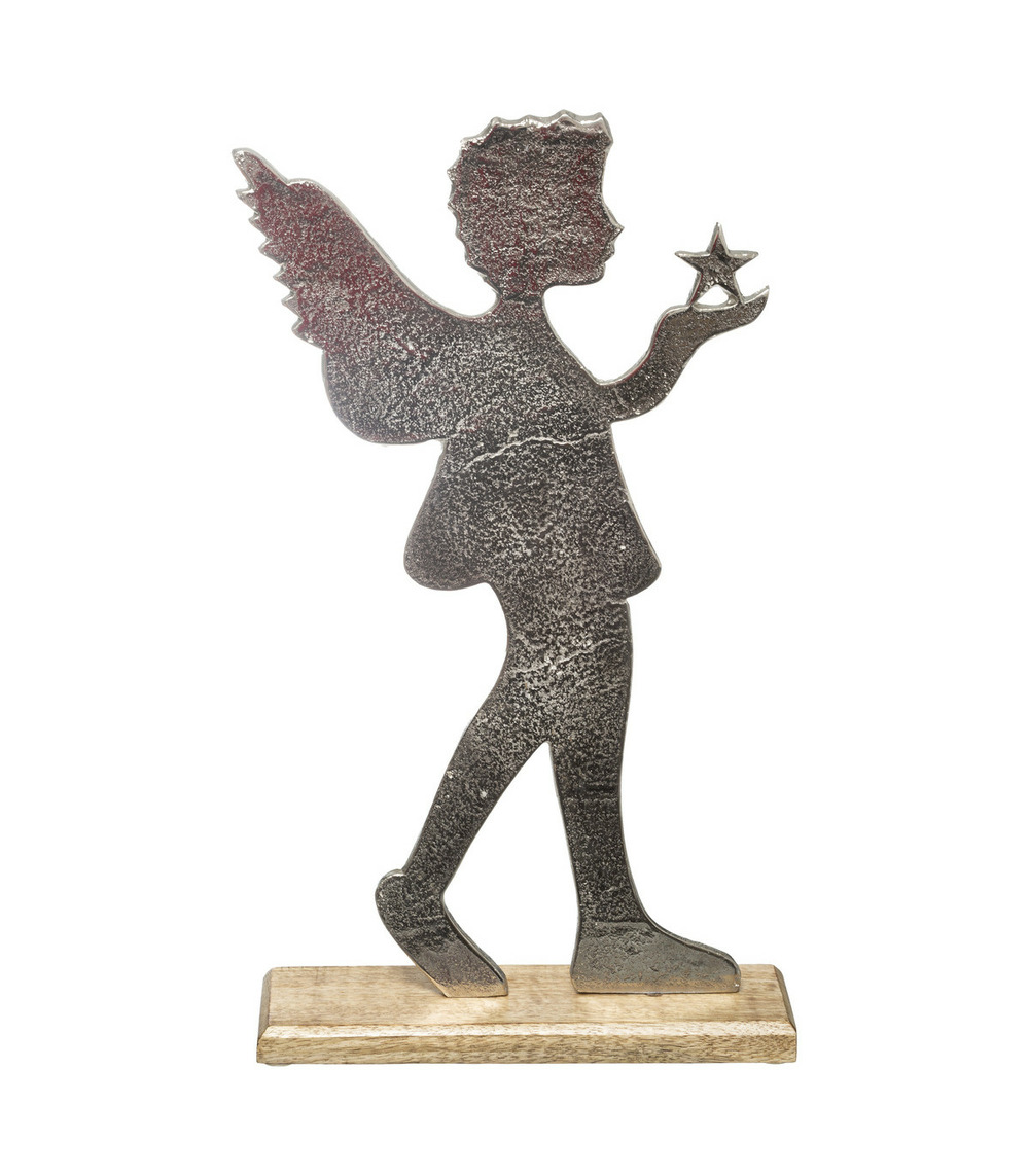 Objet décoratif ange en métal alu sur socle en bois h 50 cm