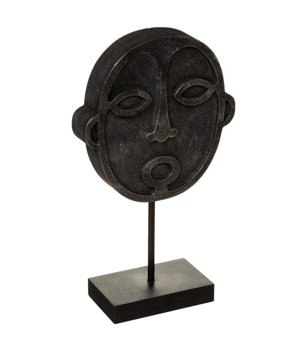 Objet décoratif sculpture masque safari  en bois noir aspect vieilli h 34 cm
