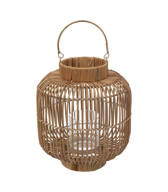 Lanterne photophore en rotin et métal bougeoir en verre d 25 x h 31 cm