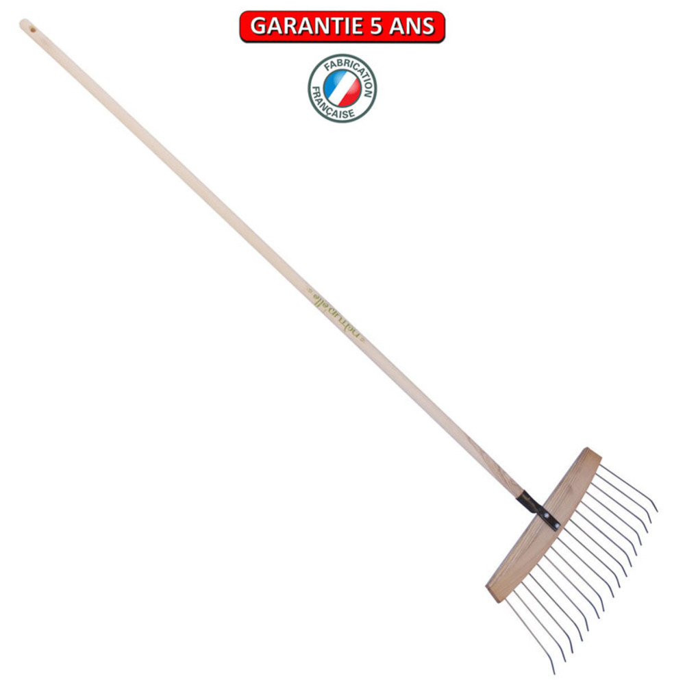 Balai à feuilles et gazon bois/acier 16 dents, manche 165cm- kiwi