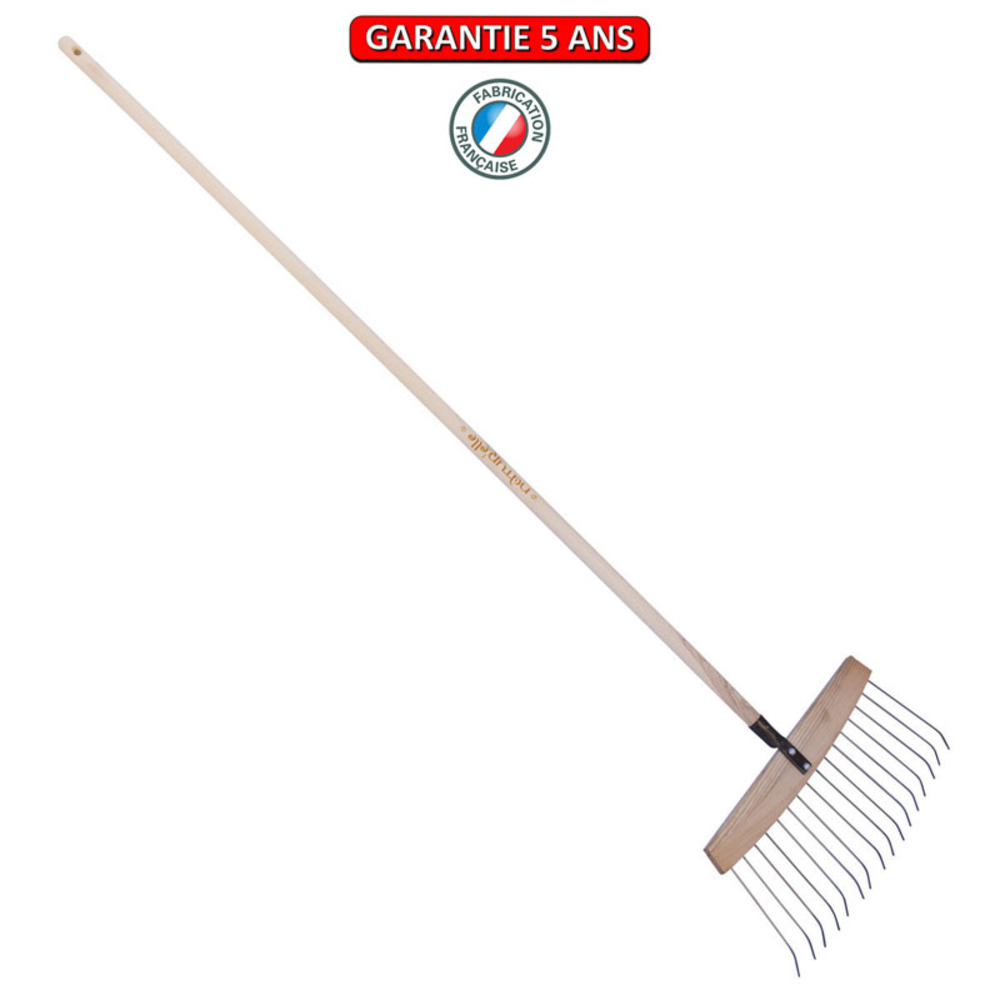 Balai à feuilles et gazon bois/acier 16 dents, manche 165cm - miel