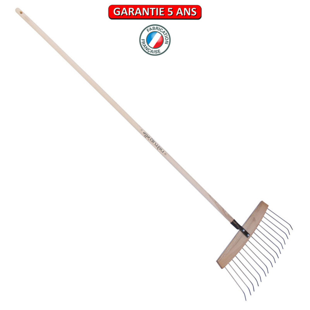 Balai à feuilles et gazon bois/acier 16 dents, manche 165cm - gris algue
