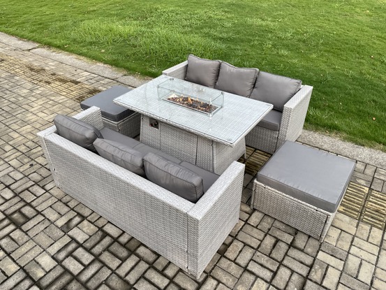 8 places ensemble meuble de jardin en rotin ave 2 canapé et grand tabourets pour pelouse terrasse intérieure gris clair