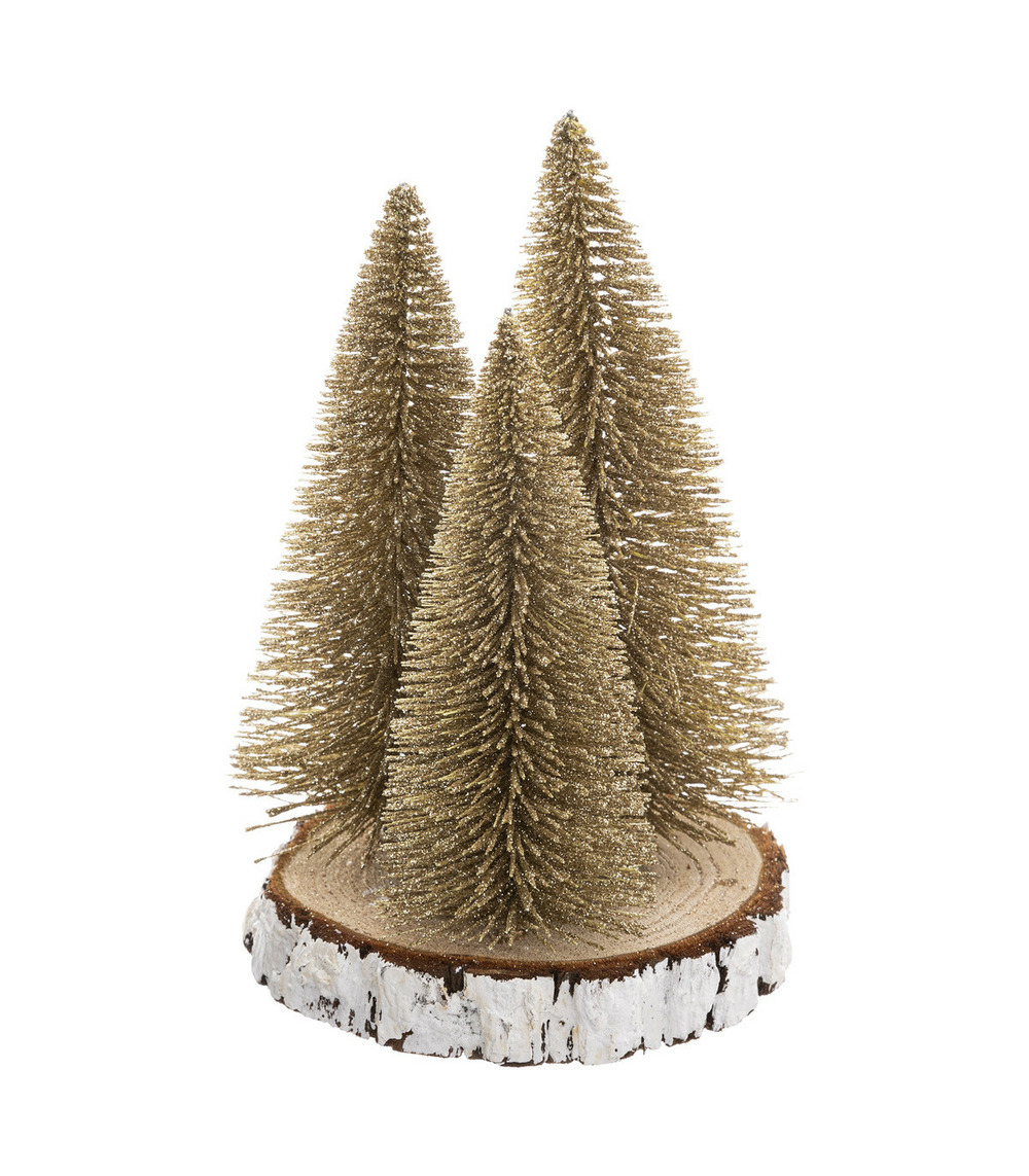 Déco de table 3 sapins dorés et pailletés sur rondin d 15 x h 20 cm