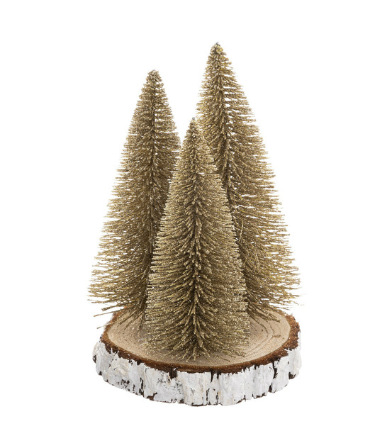 Déco de table 3 sapins dorés et pailletés sur rondin d 15 x h 20 cm