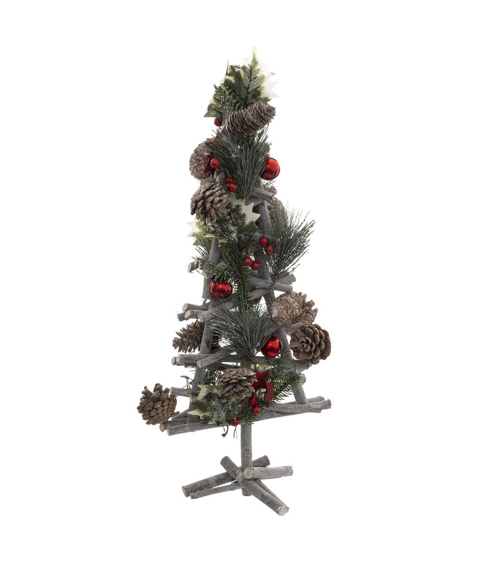 Sapin en bois décoré avec branches, boules et pommes de pin h 55 cm
