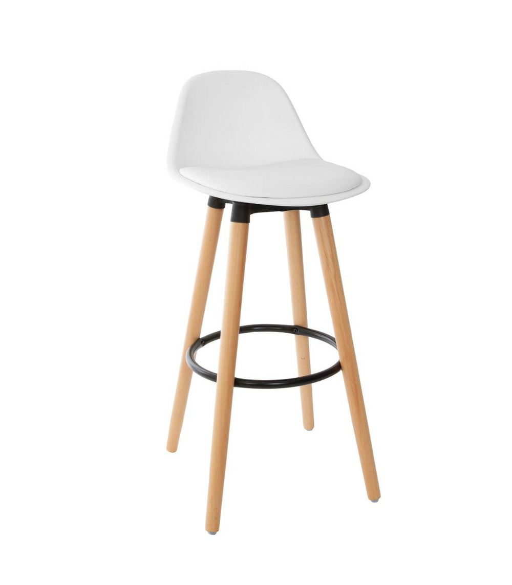 Tabouret de bar confortable assise blanche et pieds en bois h 92 cm