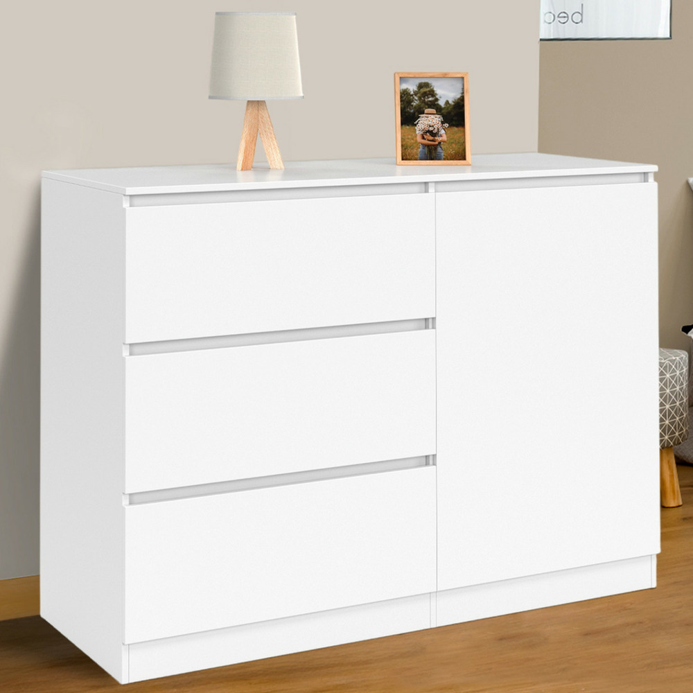Commode 3 tiroirs + 1 porte tomi 110 cm bois blanc
