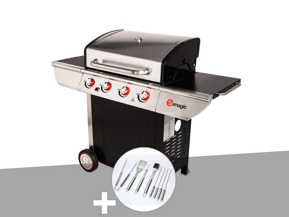 Barbecue à gaz avec chariot manhattan 450gpi + plancha + malette de 8 accessoire