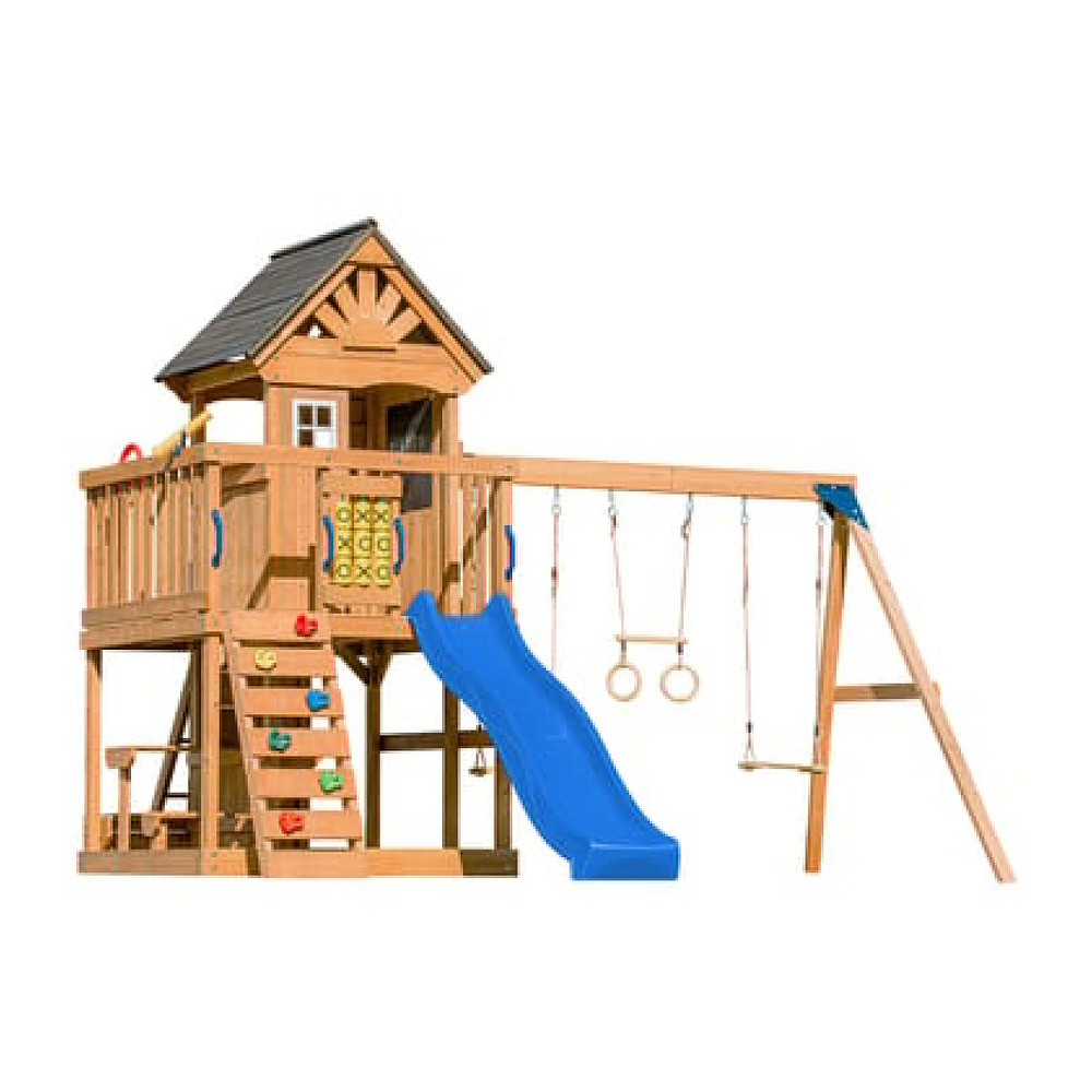 Tour jack plateforme 2 balançoires table toboggan bleu