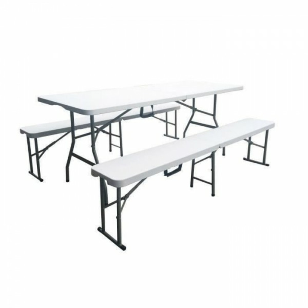 Ensemble de reception pliant - table 8 personnes 180cm et 2 bancs - structure en acier & plateau en polyéthylene pehd - blanc