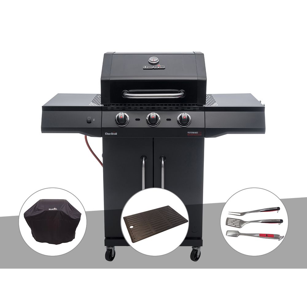 Barbecue à gaz performance core b3 + housse de protection + plancha + kit 3 uste