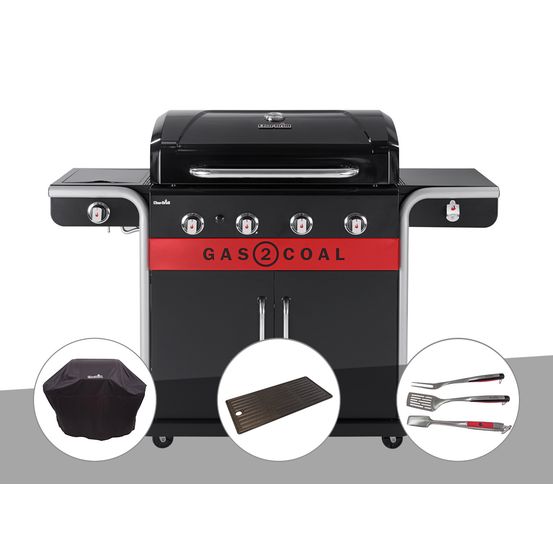 Barbecue à gaz et à charbon gas2coal 2.0 4b + housse de protection + plancha + k