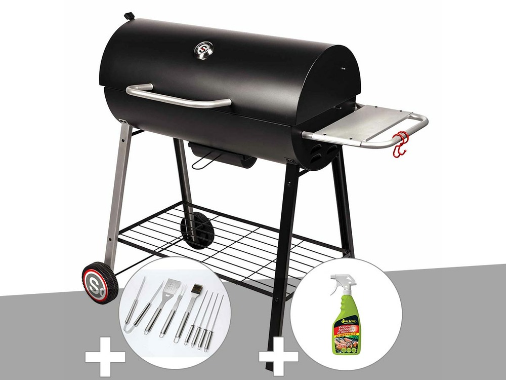 Barbecue à charbon sur chariot michigan + malette de 8 accessoires inox + dégrai