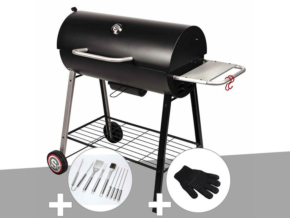 Barbecue à charbon sur chariot michigan + malette de 8 accessoires inox + gant d