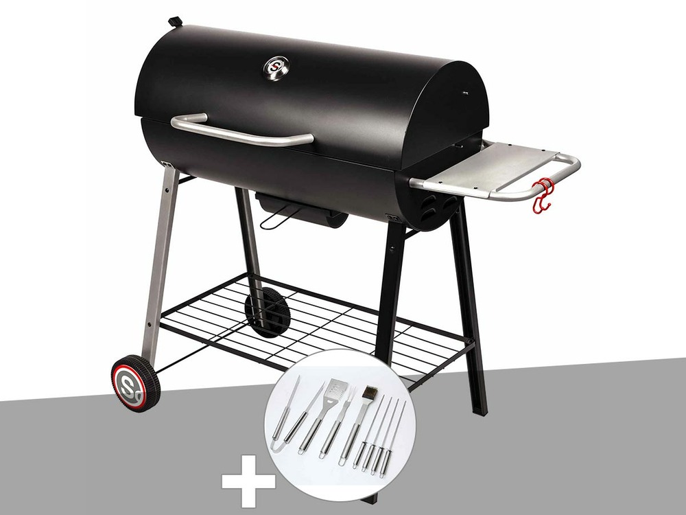 Barbecue à charbon sur chariot michigan + malette de 8 accessoires inox