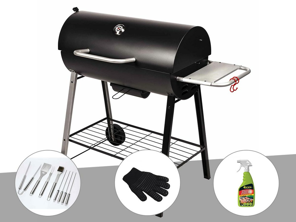 Barbecue à charbon sur chariot michigan + malette de 8 accessoires inox + gant d