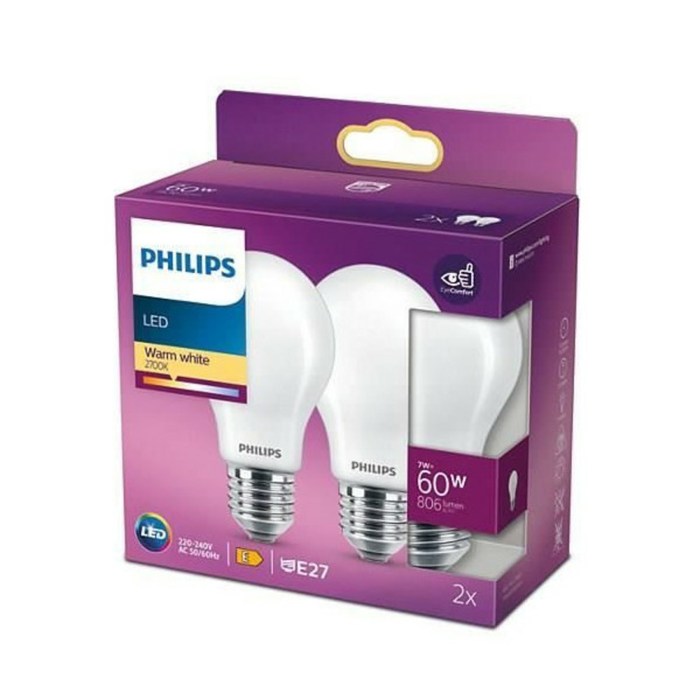 Philips led classic 60w standard e27 blanc chaud non dimmable lot de 2
