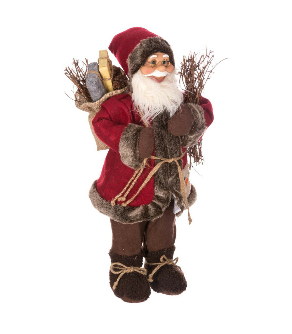 Père noël traditionnel en velours rouge et fourrure marron h 45 cm
