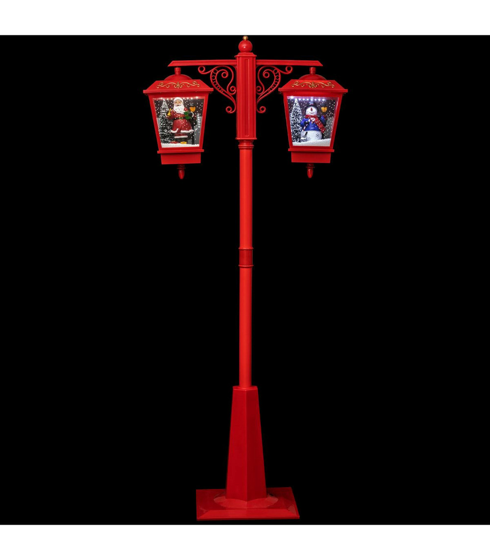 Lampadaire rouge 2 lanternes lumineuses et musicales avec père-noël et bonhomme de neige