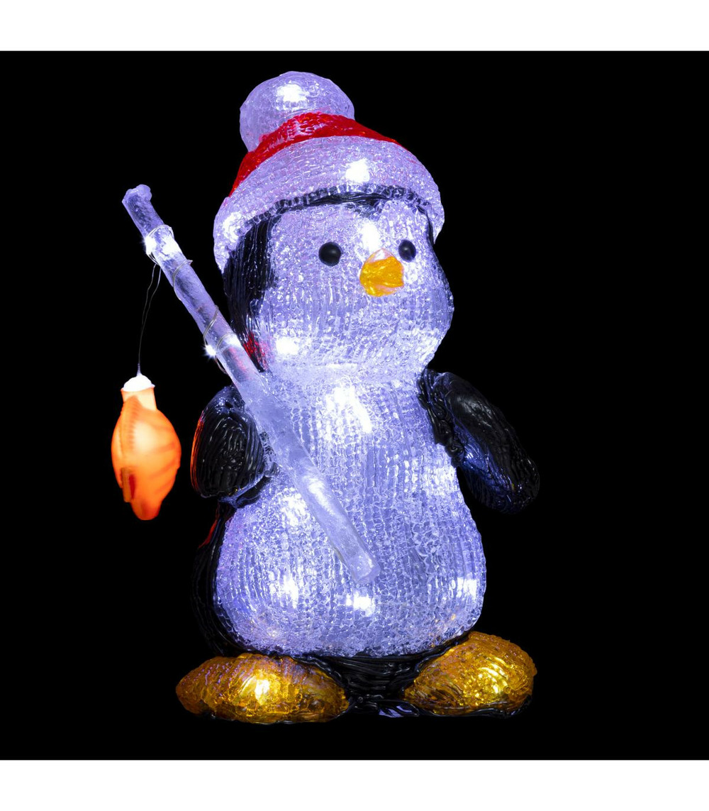 Déco lumineuse pingouin pêcheur 30 led blanc froid h 25 cm