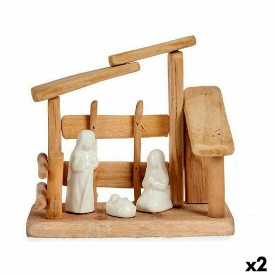 Crèche de noël blanc naturel bois céramique 18x17x8cm - lot de 2