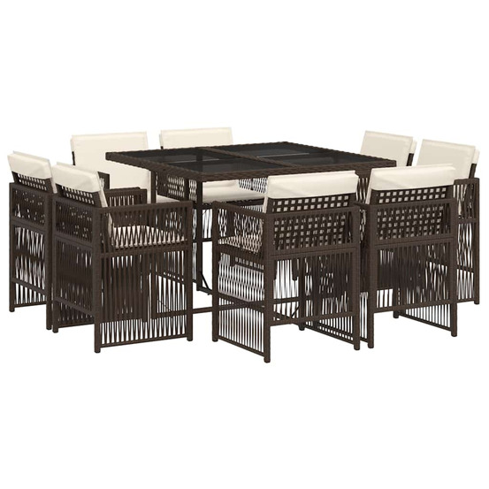Ensemble à manger de jardin et coussins 9 pcs marron poly rotin