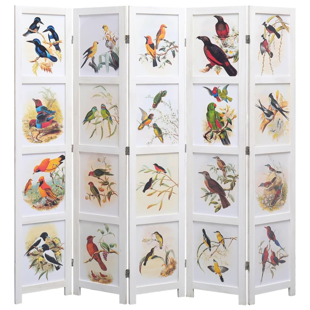Cloison de séparation 5 panneaux blanc 175x165 cm oiseaux