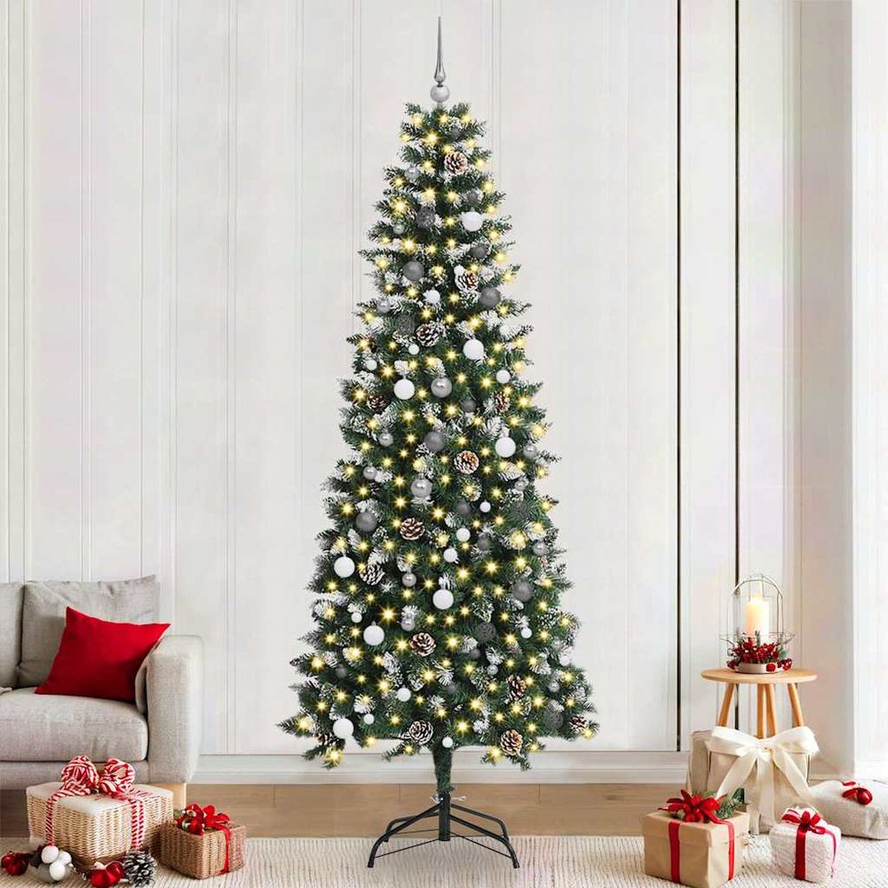 Sapin de noël 240cm très touffu effet neige, illuminé par 300 led blanc chaud