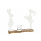 Photophore sur bois de manguier avec lapins en métal blanc 30x5x29cm