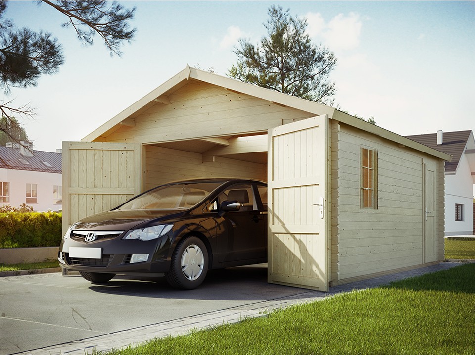 Garage bois newport double porte en bois 19,2m² - epaisseur des madriers : 44mm - toit double pente - abri voiture