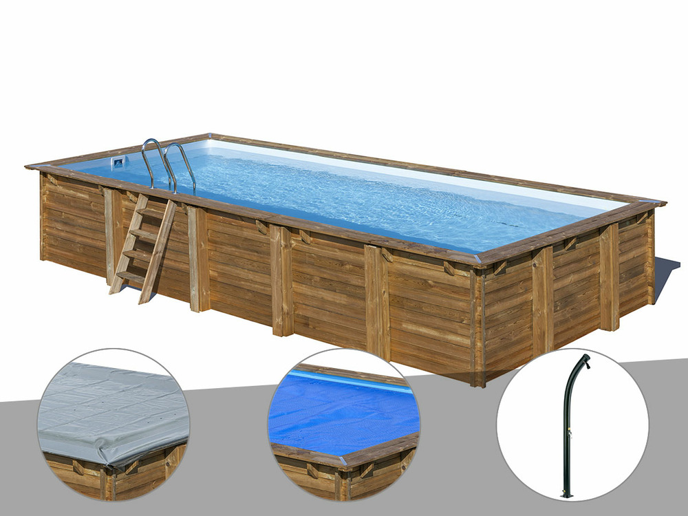 Kit piscine bois braga 8,15 x 4,20 x 1,46 m + bâche hiver + bâche à bulles + do