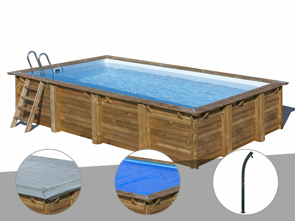 Kit piscine bois evora 6,20 x 4,20 x 1,33 m + bâche hiver + bâche à bulles + do