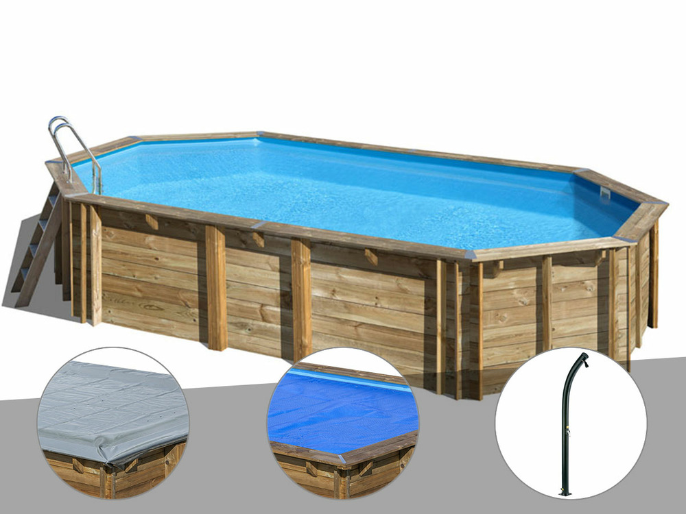 Kit piscine bois orange 7,55 x 4,56 x 1,46 m + bâche à bulles + bâche hiver + d