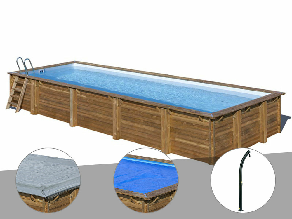 Kit piscine bois mint 10,10 x 4,18 x 1,46 m + bâche hiver + bâche à bulles + do